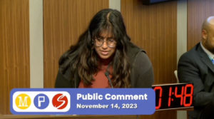 MN350 transportation organizer, Sonita van der Leeuw, provides testimony at the Minneapolis Public Schools' board meeting on November 14, 2023