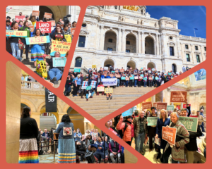 Photos of advocates at the MN State Capitol building with signs supporting climate justice, Indigenous rights, and more. People have expressions of joy on their faces.