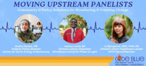 Moving upstream panelists Code Blue 2024 Weathering Uncertainty logo. Ansha Zaman, MS, Federal Policy Director, Center for Earth Energy and Democracy. Joshua Lewis, BA, Climate Justice Movement Leader, and Jo Bjorgaard, DNP, PHN, RN, Climate-smart Healthcare Lead.