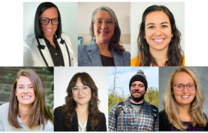 The 2025 Climate and Health Equity Leaders cohort's headshots. Top left: Myriam, a middle-aged Black woman with medium skin tone and short, straight black hair wears a white blazer and black glasses. Top middle: Dawn, a young to middle-aged white person with gray and black hair shoulder-length hair with pink glasses and a navy textured blazer. Top right: Kjirsten, a young to middle-aged person with light skin tone and with curly, shoulder-length dark brown and black hair wears a golden yellow top. Bottom left: Brenna, a young to middle-aged person with light skin tone and straight, shoulder-length light brown hair wears a cream top. Bottom middle: Hannah, a young person with light skin ton and feathery bangs and long dark brown-black hair with clear acetate glasses wears a black blazer and white top. Bottom middle: Alec, a young to middle-aged person with light skin tone and brown facial hair is outside on a hike with a backpack and outdoor gear. Bottom right: Ashley, a young person with blonde hair and light skin tone wears brown acetate textured glasses and a black top.