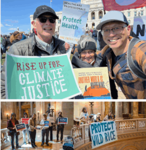HPHC members Mike, Kathy, and Dan hold signs at a rally at the MN State Capitol during the legislative session. The People Not Polluters campaign delivers thousands of signed letters to state legislators. A group of advocates hangs a banner that reads Protect Wild Rice at the State Capitol.